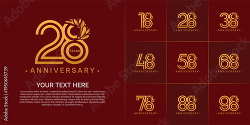 Anniversary logo type set with double line number and floral ornament. golden color for celebration event