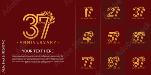 Anniversary logo type set with double line number and floral ornament. golden color for celebration event