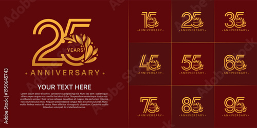 Anniversary logo type set with double line number and floral ornament. golden color for celebration event