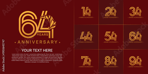 Anniversary logo type set with double line number and floral ornament. golden color for celebration event
