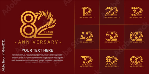 Anniversary logo type set with double line number and floral ornament. golden color for celebration event