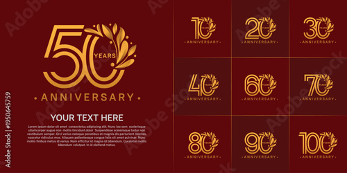 Anniversary logo type set with double line number and floral ornament. golden color for celebration event