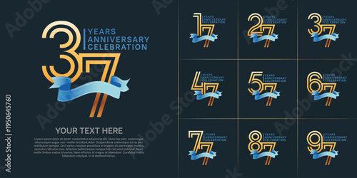 Anniversary logo type set with double line number. gold color with blue ribbon for celebration event