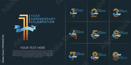 Anniversary logo type set with double line number. gold color with blue ribbon for celebration event