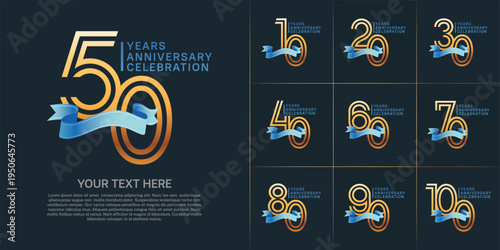Anniversary logo type set with double line number. gold color with blue ribbon for celebration event