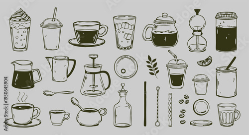 Hand drawn coffee brewing equipment and drinks collection, vintage sketch of french press, moka pot, syphon, espresso cups, coffee beans, and iced beverages, cafe menu design elements set