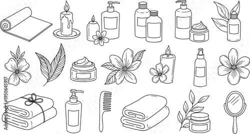 Collection of spa and beauty treatment items in a simple line art style