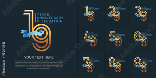 Anniversary logo type set with double line number. gold color with blue ribbon for celebration event