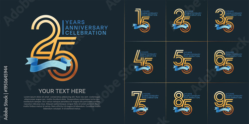 Anniversary logo type set with double line number. gold color with blue ribbon for celebration event