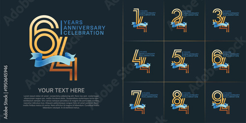 Anniversary logo type set with double line number. gold color with blue ribbon for celebration event