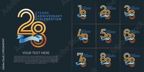 Anniversary logo type set with double line number. gold color with blue ribbon for celebration event