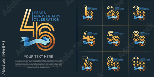 Anniversary logo type set with double line number. gold color with blue ribbon for celebration event