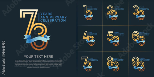 Anniversary logo type set with double line number. gold color with blue ribbon for celebration event