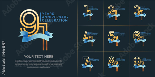 Anniversary logo type set with double line number. gold color with blue ribbon for celebration event