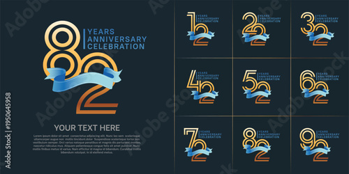 Anniversary logo type set with double line number. gold color with blue ribbon for celebration event