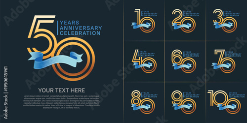 Anniversary logo type set with double line number. gold color with blue ribbon for celebration event