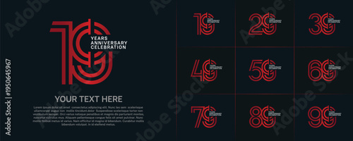 Anniversary logo type set with double line number. red and white color for celebration event
