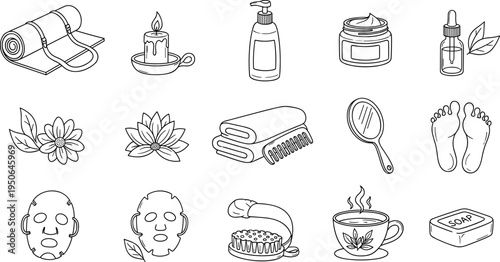 Collection of hand-drawn icons representing spa and wellness treatments and products