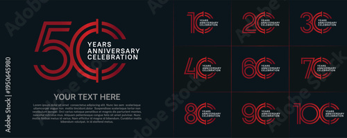 Anniversary logo type set with double line number. red and white color for celebration event