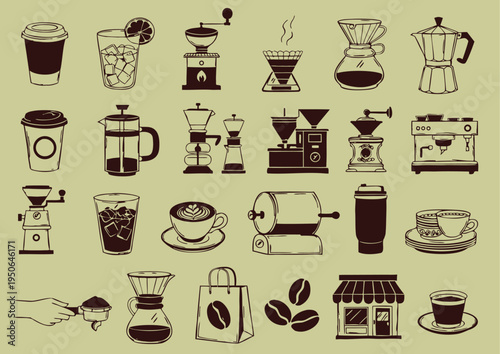 Hand drawn coffee brewing equipment and cafe icons collection, vintage sketch of espresso machine, grinder, moka pot, french press, coffee beans, and shop building, coffee shop design elements set.