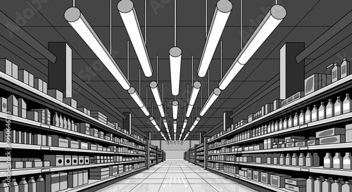 Aisle of a supermarket with shelves.