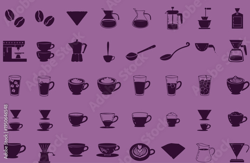 Coffee brewing icons and equipment collection, silhouette style vector illustration of espresso machine, moka pot, french press, coffee beans, cups, and latte art, cafe menu design elements set.