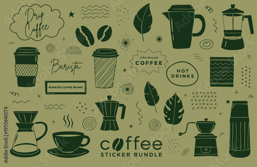 Hand drawn coffee sticker bundle, vintage green sketch of coffee beans, moka pot, french press, grinder, to-go cups, and barista lettering, cafe menu design elements and icons set.