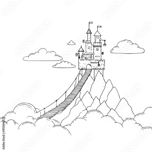 Fantasy Castle on Mountain with Bridge