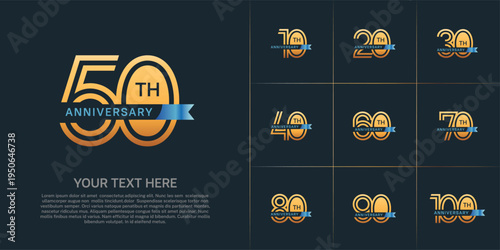 Anniversary logo type set with double line number. gold color with small blue ribbon for celebration event