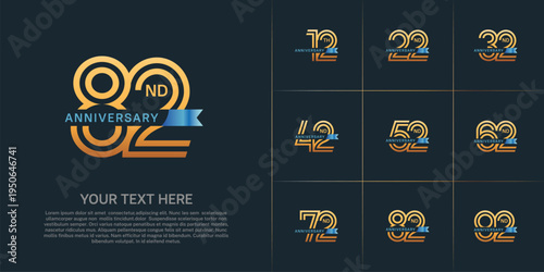 Anniversary logo type set with double line number. gold color with small blue ribbon for celebration event