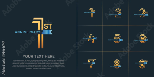 Anniversary logo type set with double line number. gold color with small blue ribbon for celebration event