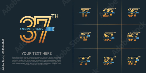 Anniversary logo type set with double line number. gold color with small blue ribbon for celebration event