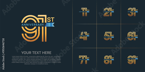 Anniversary logo type set with double line number. gold color with small blue ribbon for celebration event