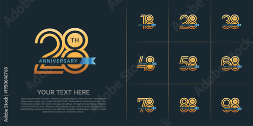 Anniversary logo type set with double line number. gold color with small blue ribbon for celebration event
