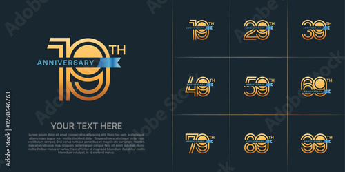 Anniversary logo type set with double line number. gold color with small blue ribbon for celebration event
