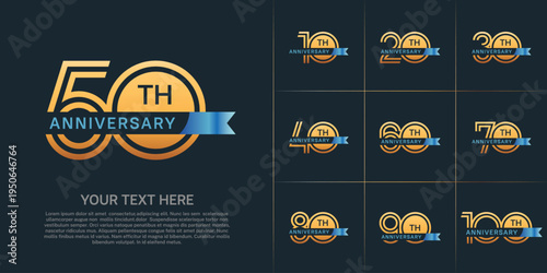 Anniversary logo type set with double line number. gold color with small blue ribbon for celebration event