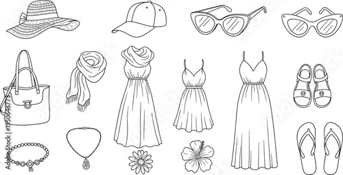 Collection of summer fashion accessories and clothing items in a doodle art style