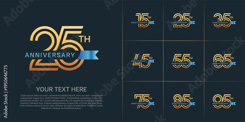 Anniversary logo type set with double line number. gold color with small blue ribbon for celebration event