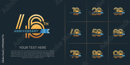 Anniversary logo type set with double line number. gold color with small blue ribbon for celebration event