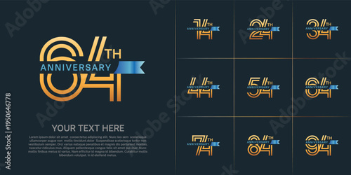 Anniversary logo type set with double line number. gold color with small blue ribbon for celebration event
