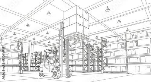 Line Art Depiction of a Warehouse Interior with Forklifts.