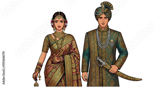 Indian Wedding Couple Vector Illustration, Bride in Traditional Saree and Jewelry, Groom in Sherwani with Turban and Sword, Ethnic Design