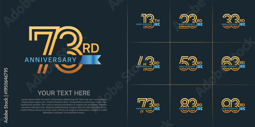 Anniversary logo type set with double line number. gold color with small blue ribbon for celebration event