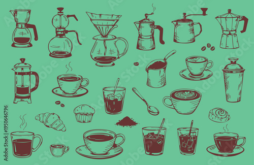 Hand drawn coffee and bakery collection, vintage sketch of coffee brewers, espresso machine, iced drinks, croissant, and cupcake, cafe menu design elements set on green background