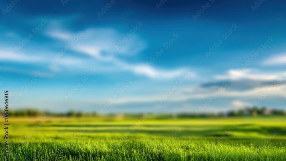 Obraz premium Fresh Green Grass and Bright Blue Sky in a Peaceful Landscape