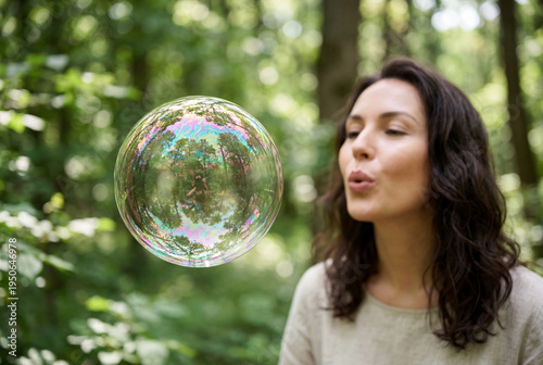 Translucent soap bubble reflecting forest blown by woman