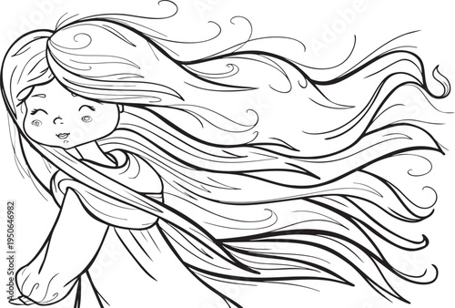 graphics girl with long hair black and white illustration