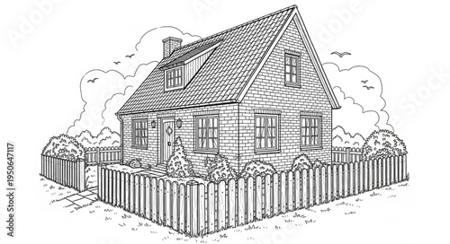 Detailed Sketch of a Charming Two-Story House with Picket Fence.