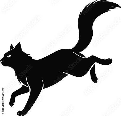 A minimalist black silhouette of a cat leaping forward with its tail held high in the air