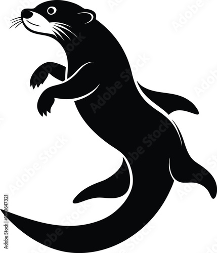A minimalist black and white silhouette illustration of a playful otter standing on its hind legs